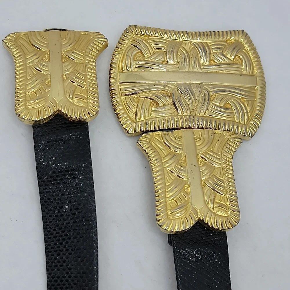 Vtg ALEXIS KIRK Belt Gold Basketweave Buckle Blk Reptile Leather 80s Rare Signed